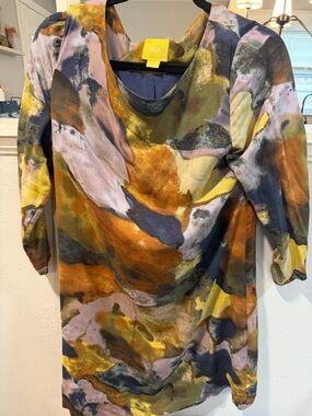 Maeve Abstract Watercolor Long-Sleeve Tunic — Olive, Mustard & Navy